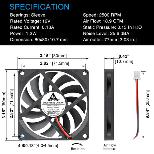 Miniatura 6 de GDSTIME Ultra delgado 3.150 in x 3.150 in x 0.394 in 12V PC sin escobillas DC ventilador de enfriamiento 2pin para impresora 3D fuente