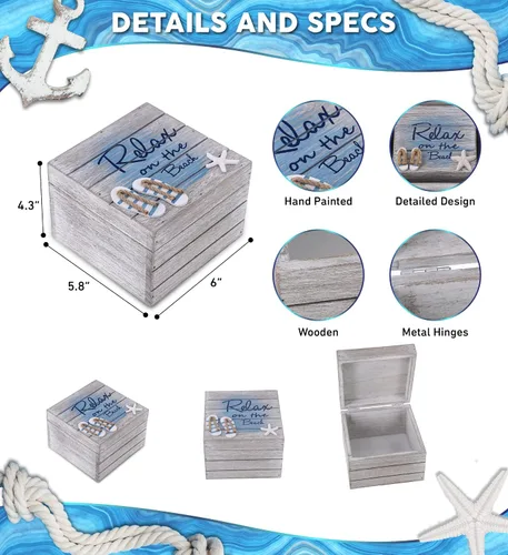 Miniatura 2 de CoTa Global Aqua Sky Relax - Caja de madera grande hecha a mano con sandalias y decoración de estrella de mar, decoración del hogar, organizador