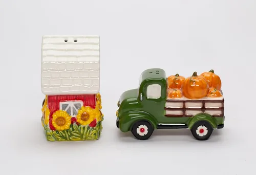 Miniatura 6 de Juego de salero y pimentero de cerámica fina de cosecha de Acción de Gracias, camión de calabaza y girasoles, 3.5 pulgadas de largo