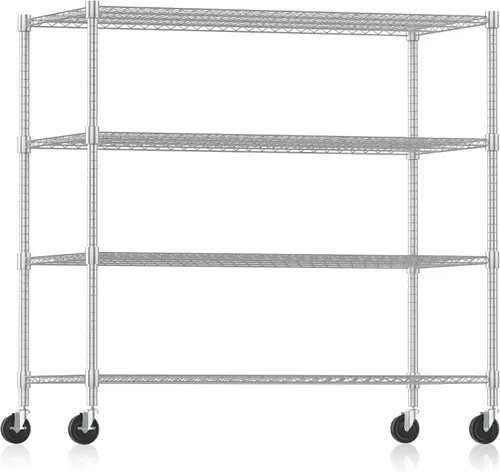 Miniatura 10 de Himimi Estantería de almacenamiento de alambre de acero resistente de 4 niveles, estantes de almacenamiento de metal ajustables con ruedas, estante