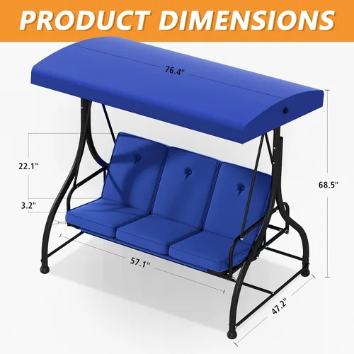 Miniatura 7 de Cama columpio para porche de 3 asientos con toldo ajustable y cojines extraíbles, marco de acero resistente, columpio para patio al aire libre, Azul