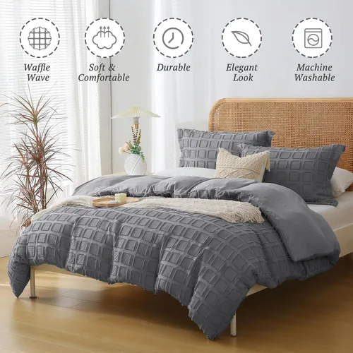 Miniatura 2 de MILDLY Juego de funda de edredón de tejido gofre, funda de edredón gris copetuda, 100% microfibra lavada, suave y transpirable, con textura, cierre