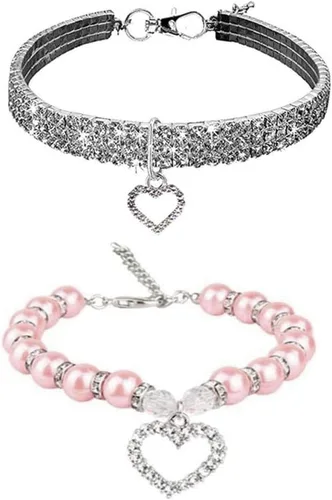 Miniatura 9 de Juego de collar de perro de diamantes de imitación y collar de perlas para perro, correa ajustable para el cuello, collar de perlas de cristal de 4