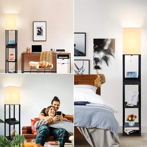 Miniatura 8 de Lámparas de pie para sala de estar, lámpara de pie alta con estantes y cajón, 2 puertos de carga USB y 2 tomas de corriente, bombilla LED brillante