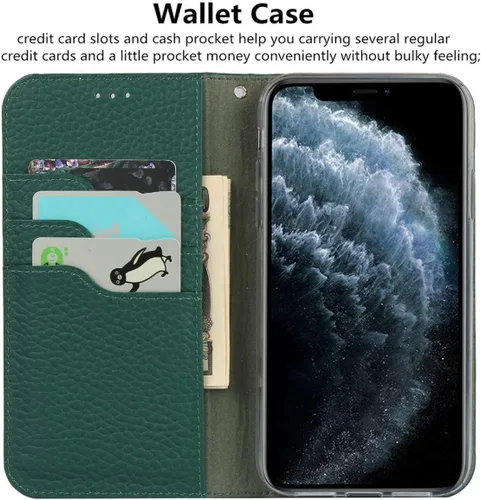 Miniatura 4 de iCoverCase Compatible con iPhone 11 Pro Max, funda magnética de piel auténtica con bloqueo RFID, correa para la muñeca y ranuras para tarjetas, Verde