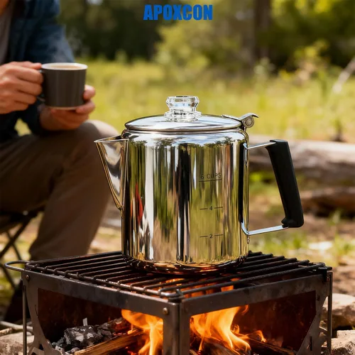 Miniatura 7 de Cafetera Percoladora Multiuso de Acero Inoxidable para Estufa con Dos Perillas de Vidrio Borosilicato Resistente Mango de Sílice Cafetera