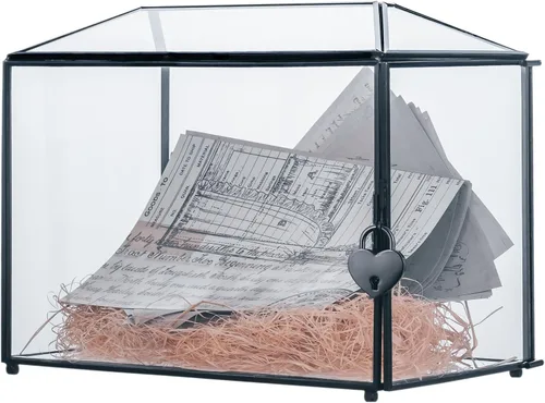 NCYP Pequeña caja de tarjetas de cristal de boda con ranura y cerradura, 10.2 x 5.9 x 7.9 pulgadas, soporte geométrico negro para tarjetas de