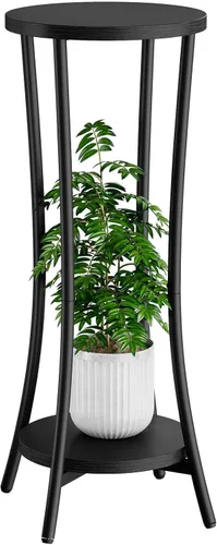 IBUYKE Soporte para plantas de 30 pulgadas de alto para interiores, soporte de esquina de madera de 2 niveles, estante redondo moderno para plantas,