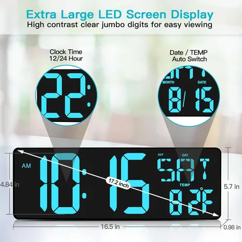 Miniatura 3 de XREXS Reloj de pared digital grande con control remoto, pantalla LED grande de 17.2 pulgadas, temporizador de cuenta progresiva y regresiva, alarma