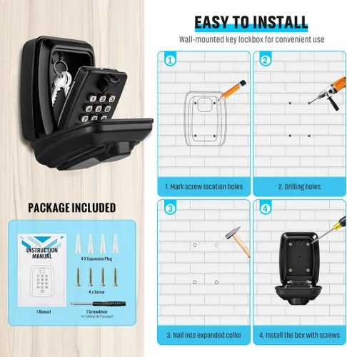 Miniatura 6 de Caja de bloqueo de llaves TEUEN para exterior, caja de bloqueo resistente impermeable con montaje en pared para llave de casa, caja de seguridad