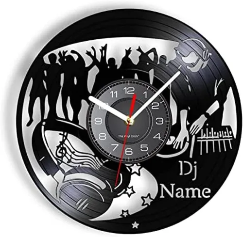 Reloj de pared silencioso sin tictac, 12 pulgadas, con nombre de DJ, reloj de pared de vinilo, para DJ, zona de música, discoteca, bar, decoración