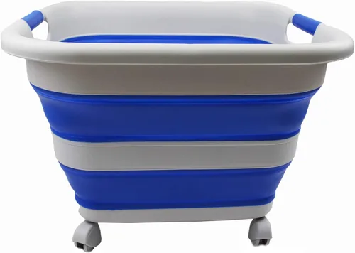 SAMMART Cesta de plástico plegable de 39 L (10.3 galones) con ruedas, contenedor de almacenamiento plegable (1, gris/azul púrpura)
