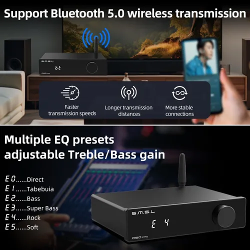 Miniatura 5 de S.M.S.L A50Pro, LPF y HPF, amplificador de audio de 2.1 canales, potencia de salida de graves de 100 W, amplificador de audio estéreo HiFi Bluetooth