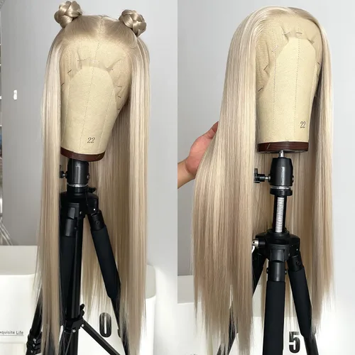 Miniatura 3 de Peluca con encaje frontal rubia ceniza, de 22 pulgadas de largo cabello sintético lacio, línea capilar prerasgueada, fácil de instalar, ligera