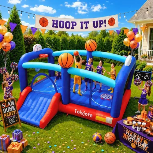 Miniatura 5 de Castillo inflable inflable de baloncesto para niños grandes de 8 a 12 años, extra grande de 16 pies x 13 pies, con tobogán y aros dobles y área