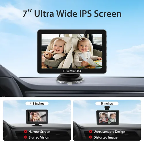 Miniatura 3 de Itomoro Espejos orientados hacia atrás, 2 cámaras de automóvil para niños, pantalla HD ultra ancha de 7 pulgadas 1080P con 2 cámaras de visión