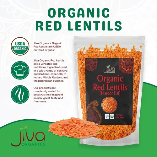 Miniatura 2 de Jiva Organics Masoor Dal - Bolsa grande de lentejas rojas orgánicas divididas de 4 libras, sin OMG, veganas, no irradiadas