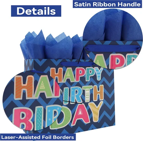 Miniatura 4 de Qirrmiy Juego de bolsa de regalo de cumpleaños azul extragrande de 16.5 pulgadas con asas, tarjeta de felicitación, papel de seda y calcomanías