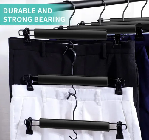 Miniatura 7 de Perchas de madera negra para pantalones y faldas, paquete de 10, gancho recubierto de reducción de ruido de alta calidad, clips duraderos de agarre