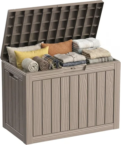 Miniatura 9 de ROJIK Caja de almacenamiento para exteriores, caja de cubierta impermeable de 85 galones, contenedor de almacenamiento exterior de resina resistente