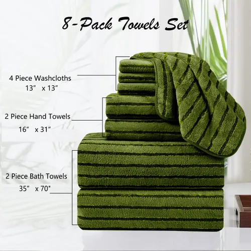 Miniatura 3 de Juego de 8 toallas de baño grandes a rayas estilo cabana color verde militar - Sábana de baño extragrande - 2 toallas de baño, 2 toallas de mano, 4