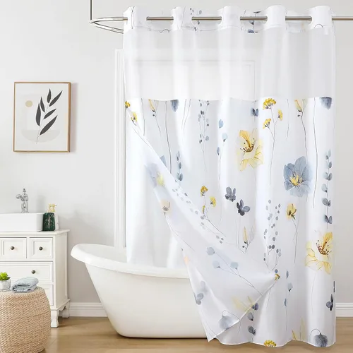 Miniatura 17 de QiyI Cortina de ducha de flores con forro a presión, cortina de baño de tela floral de acuarela azul beige, cortinas de ducha sin gancho con ventana