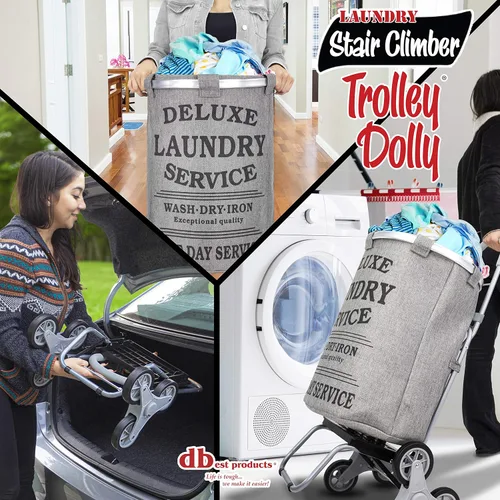 Miniatura 2 de dbest products Carrito de lavandería para escaleras con ruedas, Gris Bolsa de lavandería con cesta y organizador con ruedas