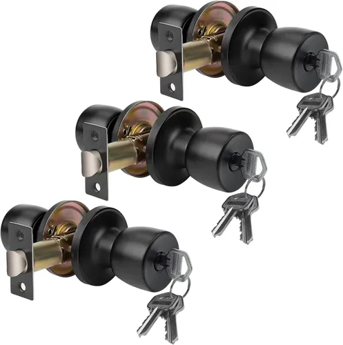 Miniatura 10 de JO.KO Pomo de puerta con cerradura y llave, cerradura de bola redonda mate negra para puerta interior/exterior para dormitorio o baño/manija