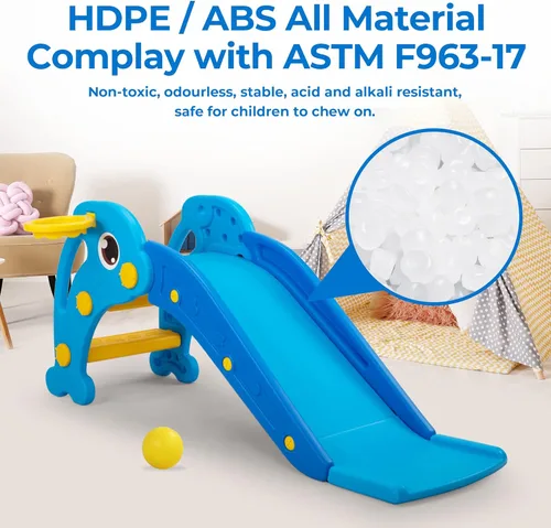Miniatura 2 de NYEEKOY Tobogán 3 en 1 para niños pequeños, tobogán para bebés, juego de escalador de plástico con aro de baloncesto y pelota, patio de juegos Azul