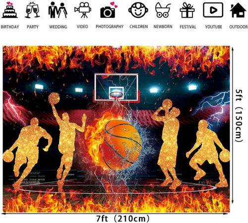Miniatura 6 de Fondo temático de baloncesto para fotografía, 7 x 5 pies, Star Slam Dunk Baloncesto Deportes Fondo para niños Baloncesto Feliz Cumpleaños Decoración