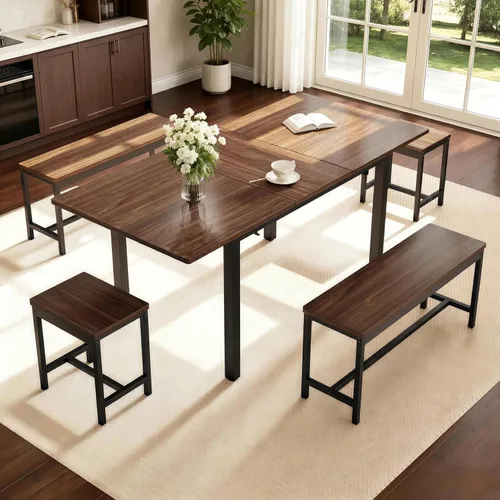 GarveeHome juego de mesa de comedor de 5 piezas para 4-8 personas, mesa de cocina grande extensible de 63 pulgadas con 2 bancos y 2 taburetes Marrón