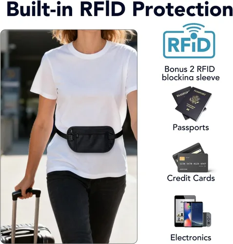 Miniatura 3 de Cinturón de dinero para viajes con cubierta antirrobo para tarjetas de bloqueo RFID, correa de muñeca para teléfono, soporte para pasaporte