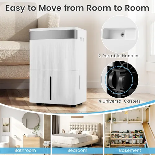 Miniatura 9 de COSTWAY Dehumidifier for Basement, Home Dehumidifier with Convenient Handle, 1.4 Gallon Tank, Auto Defrost, 24H Timer, 3-Color Indicator, Drain Hose