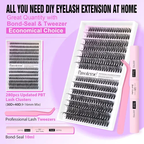Miniatura 2 de Kit de extensión de pestañas Pawotence DIY 280 piezas, racimos de pestañas, kit de extensión de pestañas, 9-16mm, 30D, 40D, pestañas individuales