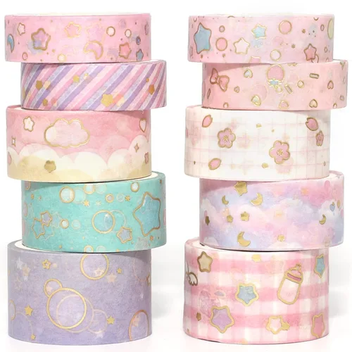 Creative Washi Tape Set - Juego de 10 rollos de cinta adhesiva decorativa con impresión de lámina dorada para artes, manualidades DIY, diarios,