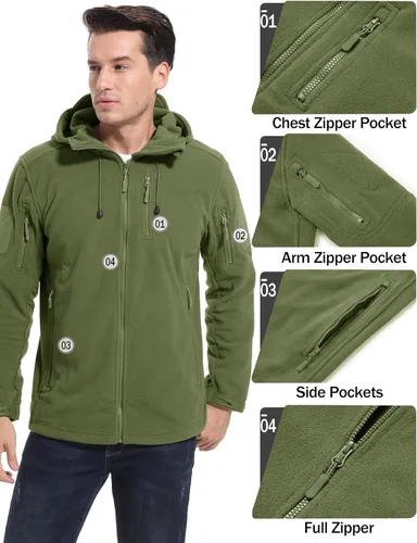 Miniatura 6 de CRYSULLY Chaqueta con capucha de forro polar táctica militar para hombre, chaqueta de caza, chaqueta de invierno, chaqueta cortavientos, chaqueta