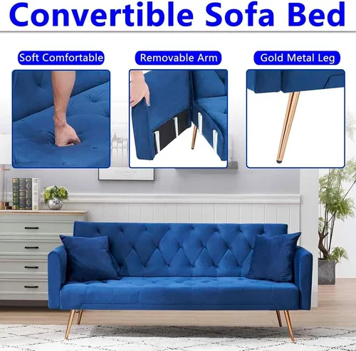 Miniatura 4 de Majnesvon Sofá cama plegable convertible de 71 pulgadas, moderno sofá biplaza de terciopelo con 2 almohadas, sofá cama futón con colchón y marco Azul