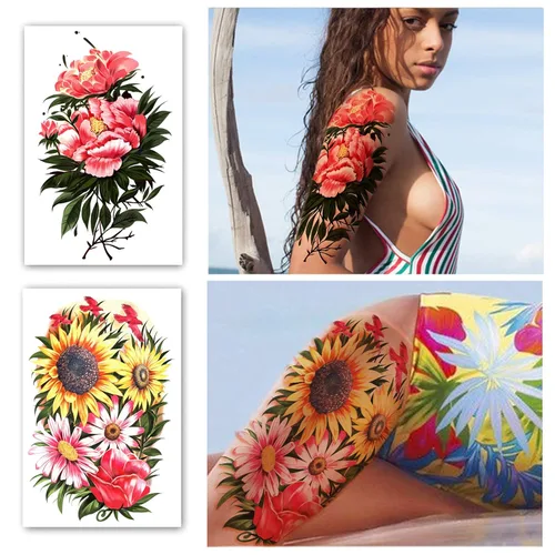 Miniatura 5 de Tatuaje Temporal de Brazo Completo 8 Hojas y Medio Brazo Hombro Tatuajes Falsos Impermeables 10 Hojas, Calcomanías de Tatuaje Extra Grandes Peonía