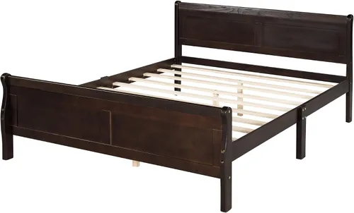 Miniatura 9 de Cama de plataforma de madera maciza tamaño matrimonial con cabecera y estribo de trineo, base de cama de plataforma de madera completa con Espresso