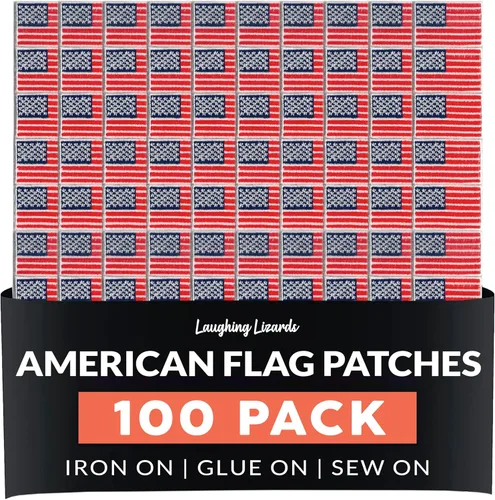Laughing Lizards Parches pequeños de la bandera estadounidense (paquete de 100) a granel de la bandera de Estados Unidos, parche bordado para coser