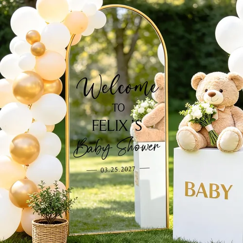 Miniatura 4 de JarThenaAMCS 7 calcomanías de espejo de baby shower, letrero de bienvenida, nombre de bricolaje, fecha, letras extraíbles, calcomanías de pared
