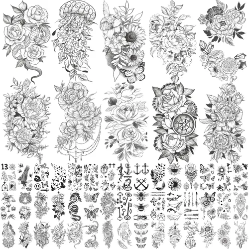 Yazhiji 70 hojas de tatuajes temporales impermeables para niñas o niños, 10 hojas más grandes, mitad brazo, serpiente, girasol, peonía, tatuajes