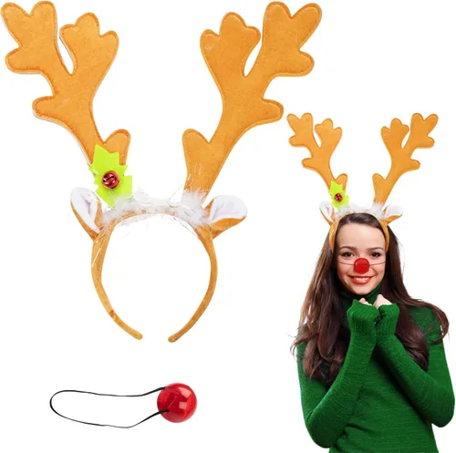 Christmas Holiday Reindeer Antlers Headband w Light Up Nose Costume Deer Rudolph Outfit for Adult Men Women, Kids Party Favor