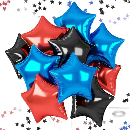 Globos de estrellas rojas, azules y negras, globo de papel de aluminio de 18 pulgadas para helio, paquete de 10 globos rojos y azules, globo de Negro
