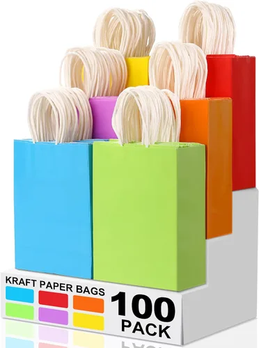 Miniatura 9 de XPCARE 60 Bolsas de Regalo de Papel, 6.3"x3.15"x8.66" Bolsas de Papel Kraft para Recuerdos de Fiesta a Granel Bolsa de Dulces Arcoíris Bolsa