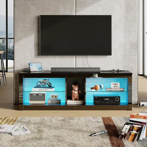 Miniatura 7 de Bestier Soporte de TV LED para TV de 55/60/65 pulgadas, centro de entretenimiento negro de alto brillo con toma de corriente y estantes ajustables