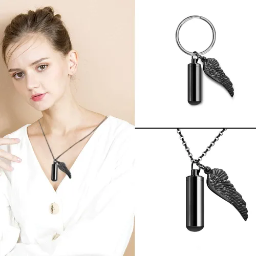 Miniatura 3 de Dletay - Collar de urna de cremación para cenizas, colgante de recuerdo con alas de ángel, acero inoxidable, grabado, negro M, CY-AGLW-BLK-EG