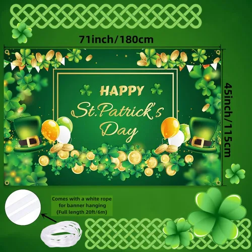 Miniatura 2 de Decoraciones de pancarta de feliz día de San Patricio, telón de fondo del día de San Patricio de 71 x 45 pulgadas con diseño de trébol de la suerte