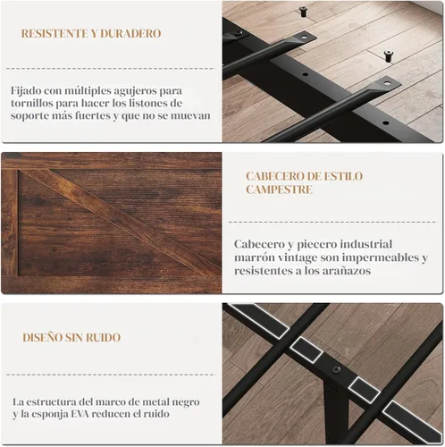 Miniatura 6 de DOGIBIXO Marco de cama tamaño completo con luces LED y carga USB, marco de cama de plataforma industrial con cabecera de puerta de granero