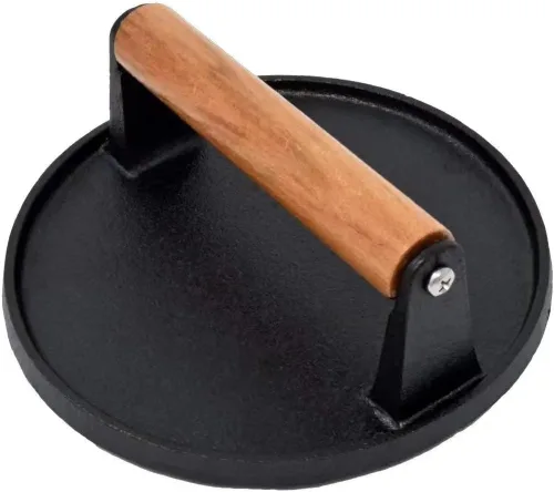 Miniatura 2 de Herramientas de cocina de hierro fundido resistente para hamburguesas, prensa redonda para carne y carne con mango de madera antiquemaduras